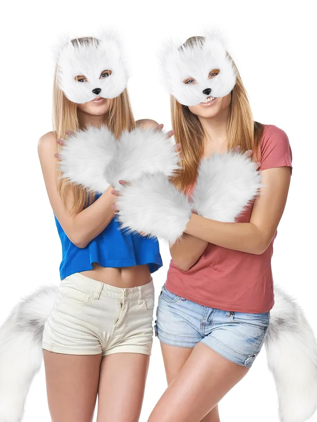 Furry Therian Mask and Fox Tail Gloves Set for Girls, Cat Mask Therian, Wolf Therian Gear, Tharian Costumes (White)