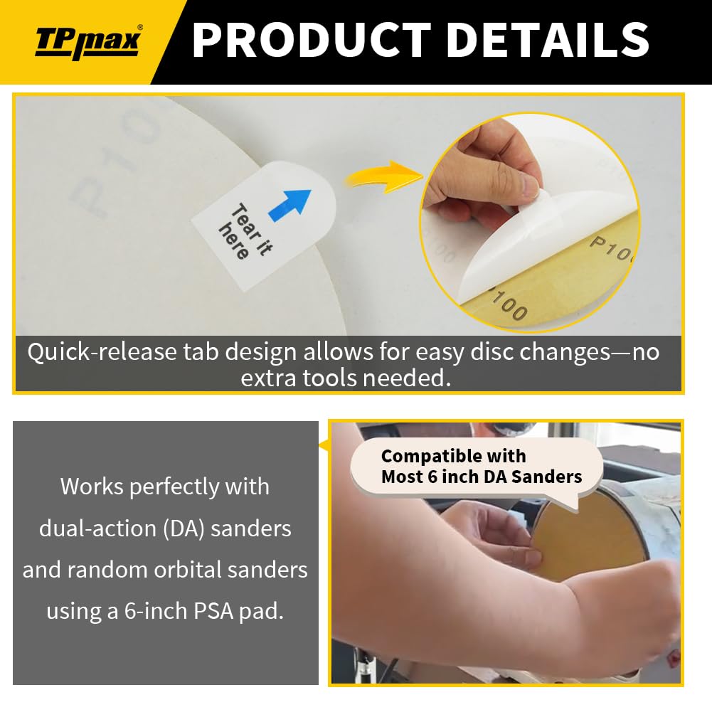 6-Inch 220-Grit Gold PSA Sanding Discs, 50 Pack – Pro-Grade Self-Adhesive Stickyback Sandpaper with Quick-Release Tabs for DA Sander, Fine Automotive/Wood/Metal Sanding