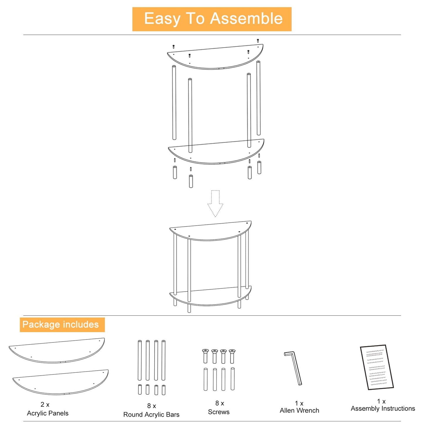 DOHWSK Acrylic Console Table, 2-Tier Half Moon Sofa Couch Table with Storage Shelf, 29.53" Narrow Entryway Table for Bedroom, Living Room, Foyer, Hallway (Clear)