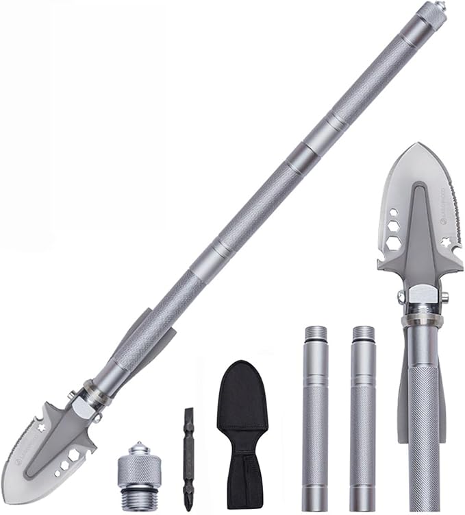 Survival Shovel with Pickaxe, 3-Section Adjustable Folding Shovel, Heavy-Duty Tactical Shovel Multifunctional Camping Gear...