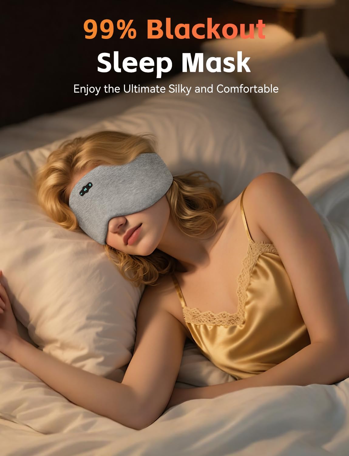Sleep Mask with Headphones Bluetooth 6.0, 20H Playtime Sleeping Headphones with HD Stereo Speakers for Side Sleepers, Adjustable Blackout Silk Eye Mask for Travel Meditation, Gifts for Women Men(Grey)