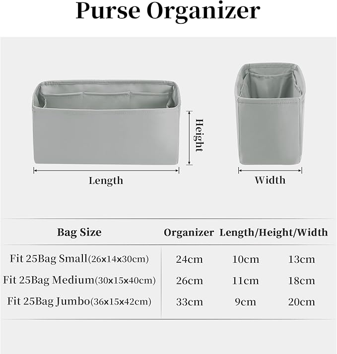 Purse Organizer Insert for Chanel 25C Hobo Bags, Satin Luxury Bag Insert, Large Capacity Pouch with Practical Pockets, Portable Purse Shaper(Pearl grey, 25 Small)