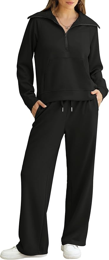 XIEERDUO Lounge Sets For Women 2025 Half Zip Sweatshirt And Wide Leg Sweatpant 2 Piece Outfits Sweatsuit Tracksuit