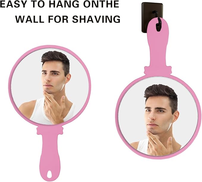 Hand Mirror 2 Pcs, Portable Hand Mirrors with Handle, See Back of Head Haircut Personal Handheld Mirror, Travel Small Makeup Lash Mirror, Mirrors for Women (Pink, 5.91" L x 9.84" W (Round))