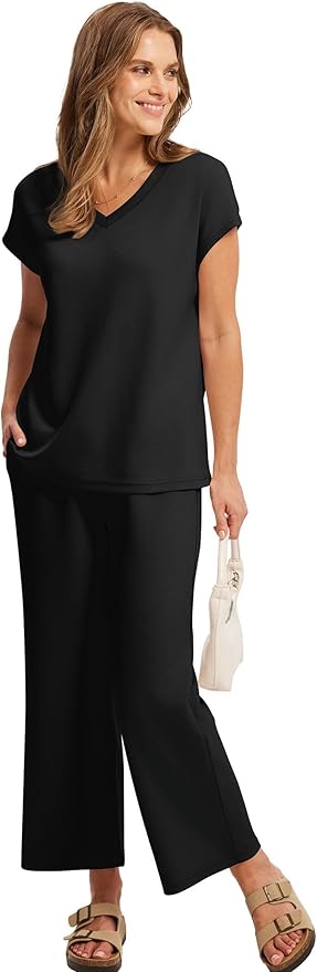 Saloogoe Two Piece Sets for Women Summer Outfits Lounge Sets V Neck Tops Wide Leg Pants Woman Vacation Travel Outfits
