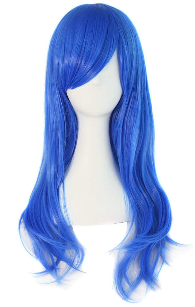 MapofBeauty 24/60cm Side Bangs Stylish Long Great Wavy Curly Cosplay Party Wig (Blue)