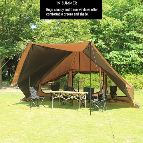 Preself 4 Season Tipi Tent, Hot Tent with Canopy, Standing Room, Teepee Tent for Hunting Family Team Camping Hiking