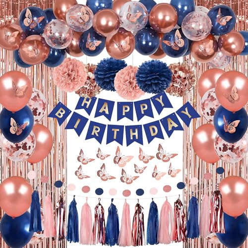 Pugkloy Rose Gold and Navy Blue Birthday Party Decorations with Happy Birthday Banner, Curtains, Butterfly Wall, Circle Do...