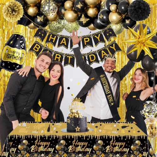 Black and Gold Birthday Decorations for Men Boy, 100pcs Black and Gold Party Decorations with Happy Birthday Banner, Ballo...