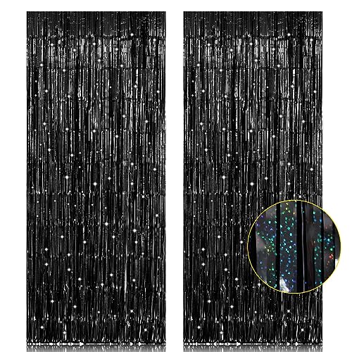 2 Pack 3.2ft x 8.2ft Black Tinsel Foil Fringe Curtain, Sparkle Metallic Foil Backdrop for Party Photo Booth Props New Year...