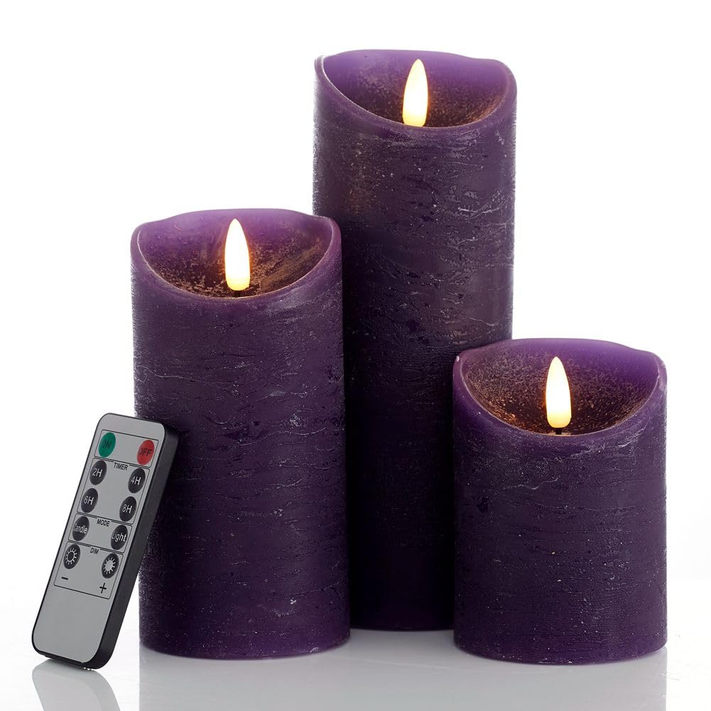 glowiu Flameless Candles with Remote LED Candles Set of 3, Battery Operated Candles for Party Home Wedding Holiday Birthday Decor (H 4" 6" 8" x D3) (Purple)