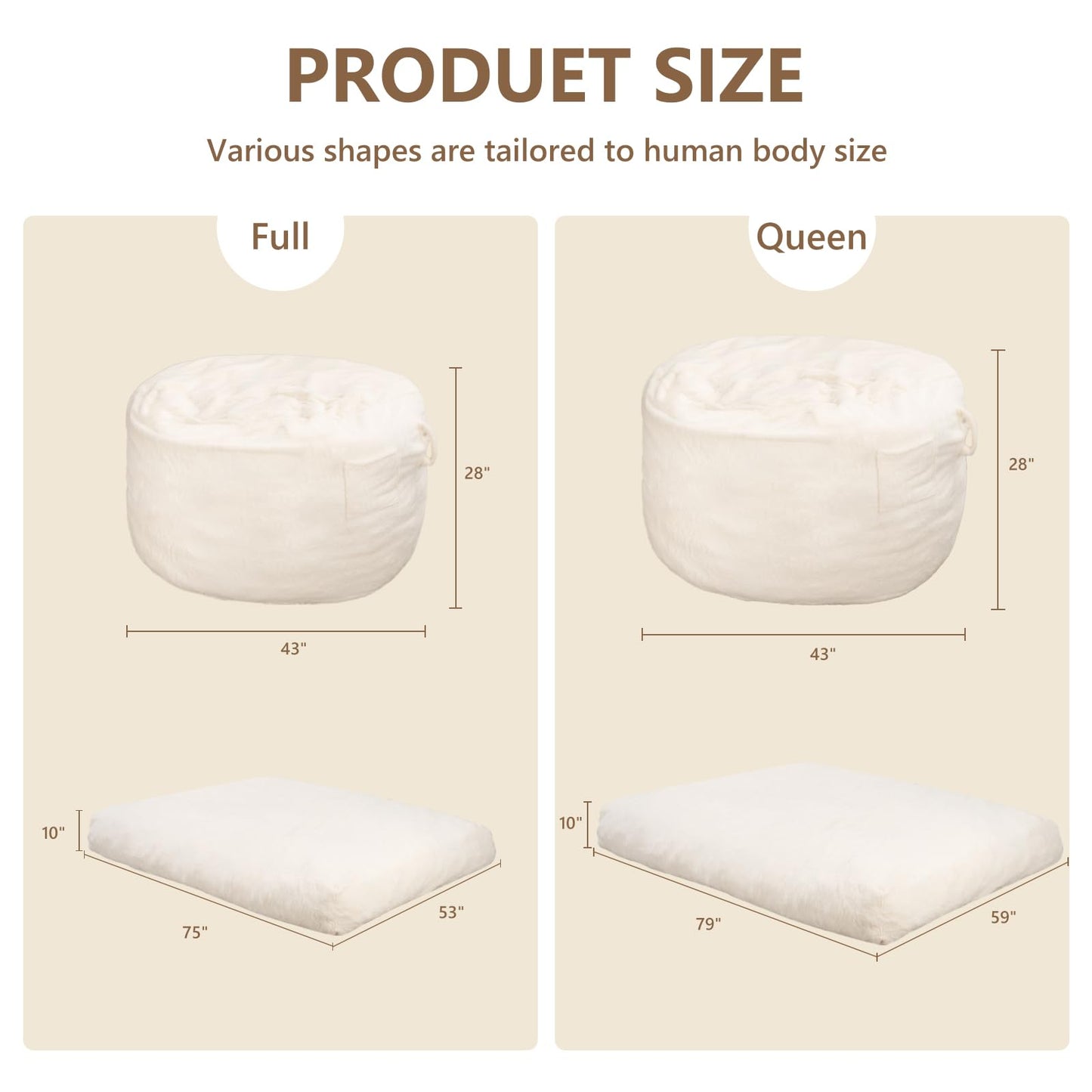 LFCREATOR Giant Bean Bag Chair for Adults, Faux Fur Bean Bag Chair Bed with Mattress Bed Use, Convertible Bean Bag Sofa Bed with Filler Included for Living Room,Bedroom, White.Large-Sized