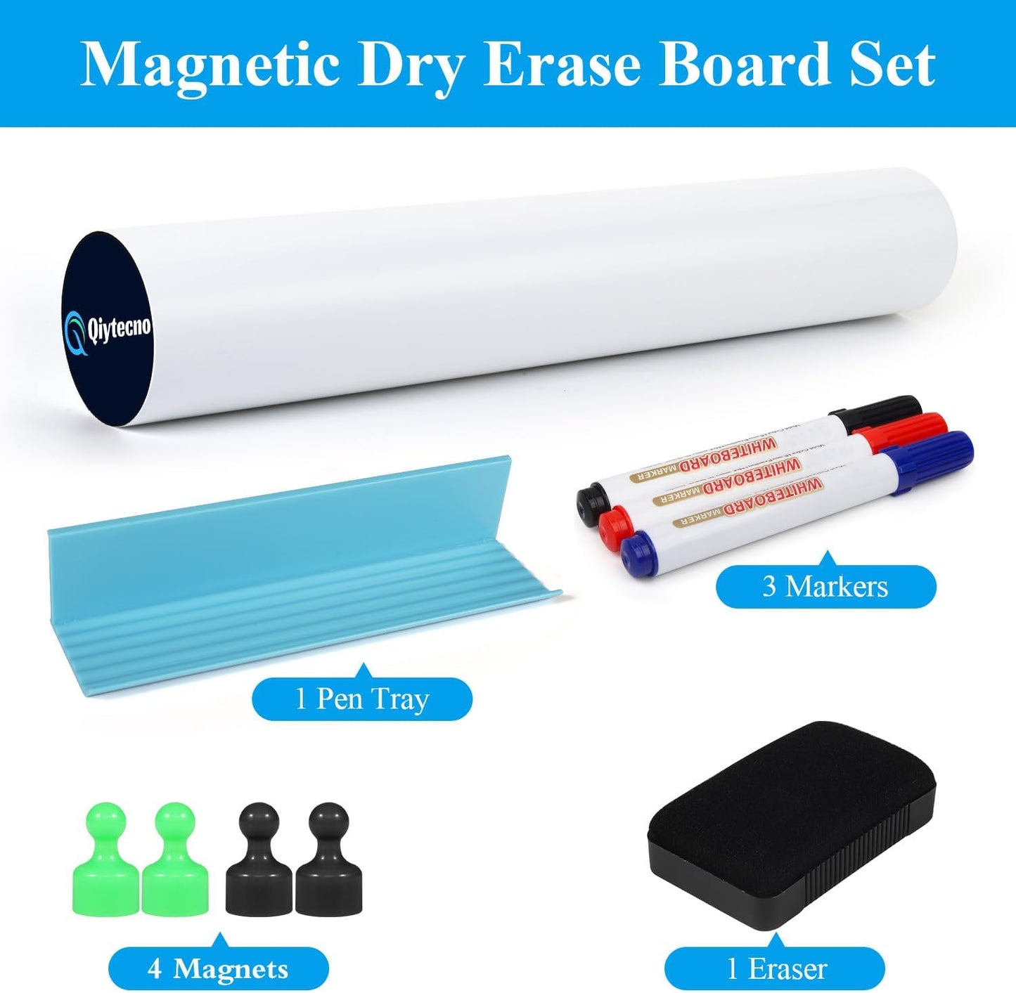 White Board Sticker Adhesive Backing, 16" x 24" Magnetic Dry Erase Board Contact Paper Stick on Wall, Whiteboard Sheet for Teacher Kids Classroom, Include Markers, Eraser with Magnet