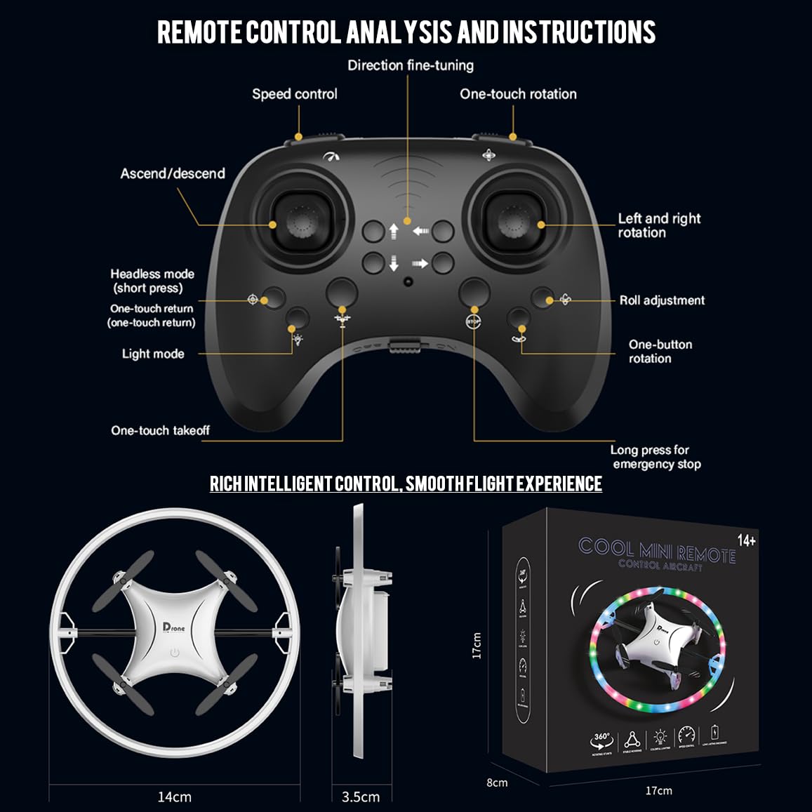 Small Remote Control Drone Quadcopter, 360 Degree Flip LED Light, 90 Degree Circle Flight, 8-12 Years Old Children's toy Mini Drone Christmas Gift