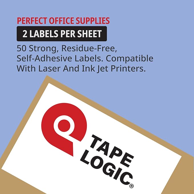 TAPE LOGIC Printable Self-Adhesive 5 ½” x 8 ½” White Laser Labels (25 Sheets of 2) | 50 All Purpose Blank Sticker Label, Office & Personal Supplies for Address Shipping & Mailing