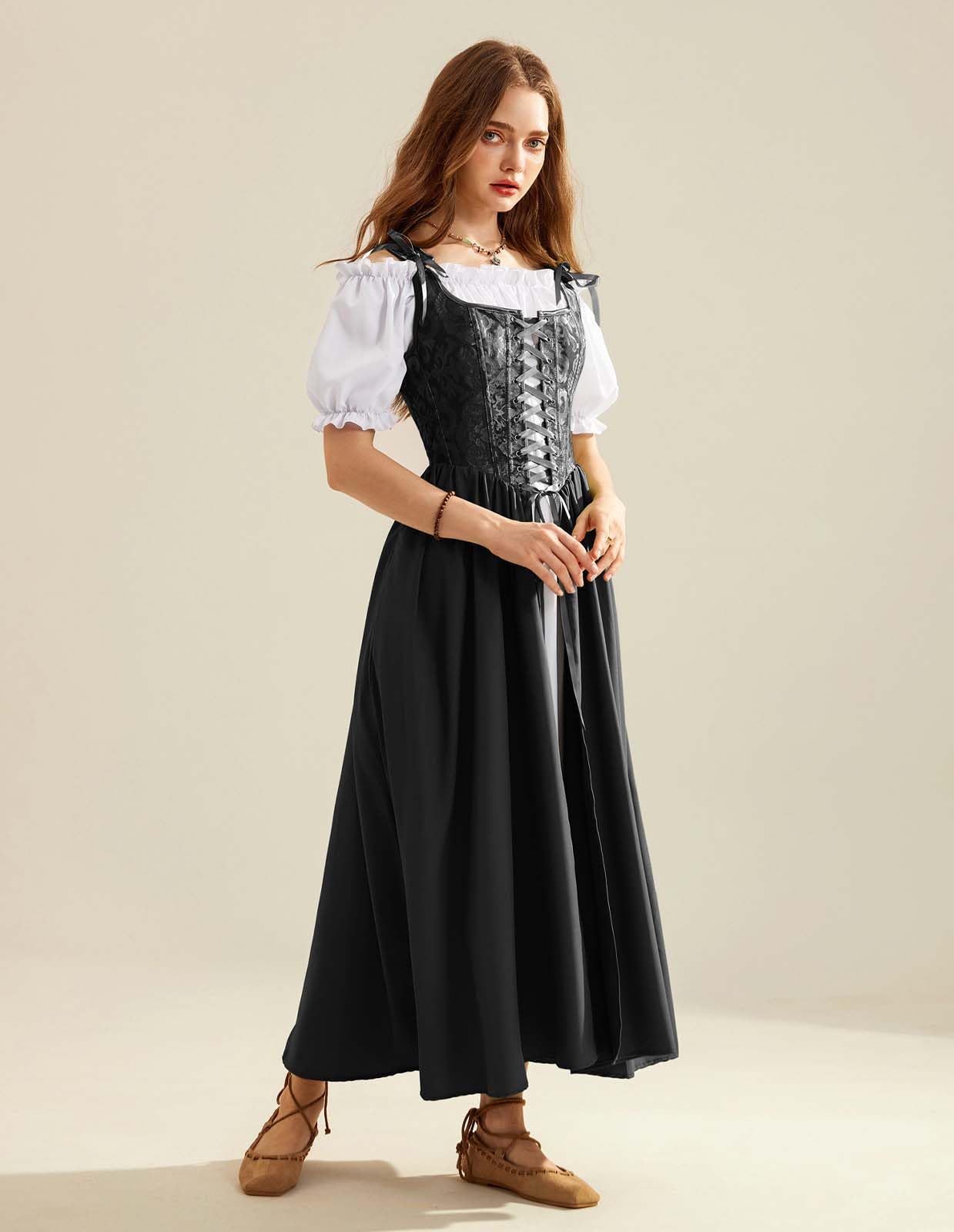 Renaissance Costume Women Medieval Corset Dress Puff Sleeve Fairy Dress Black Size 6