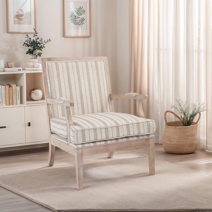 DM Furniture Mid Century Modern Accent Chair Upholstered Living Room Chairs with Armrest Linen Comfy Lounge Armchair Retro Solid Wood Reading Chair for Bedroom, Guest Room, Balcony, Khaki Stripe
