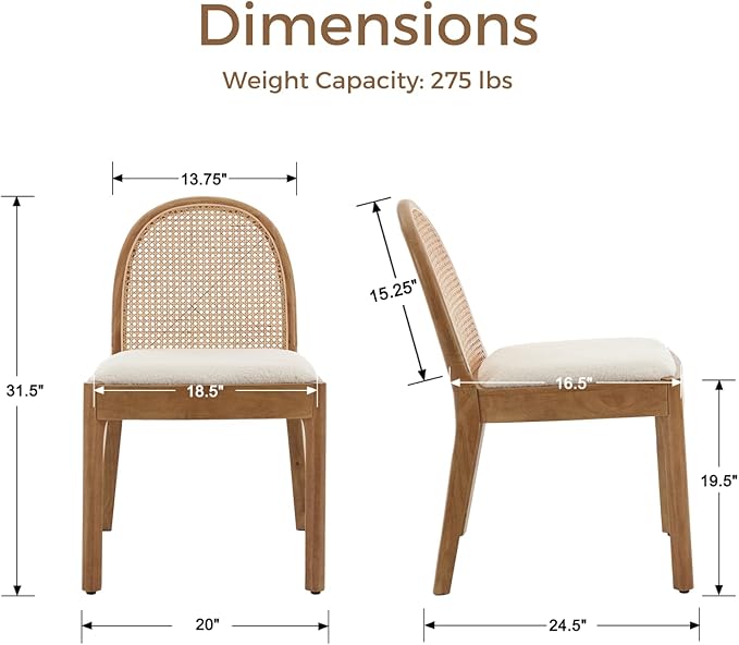 HEAH-YO Rattan Dining Chairs Set of 6, Upholstered Sherpa Dining Room Chairs with Backrests, Modern Kitchen Chairs with Wood Legs for Dining Room, White