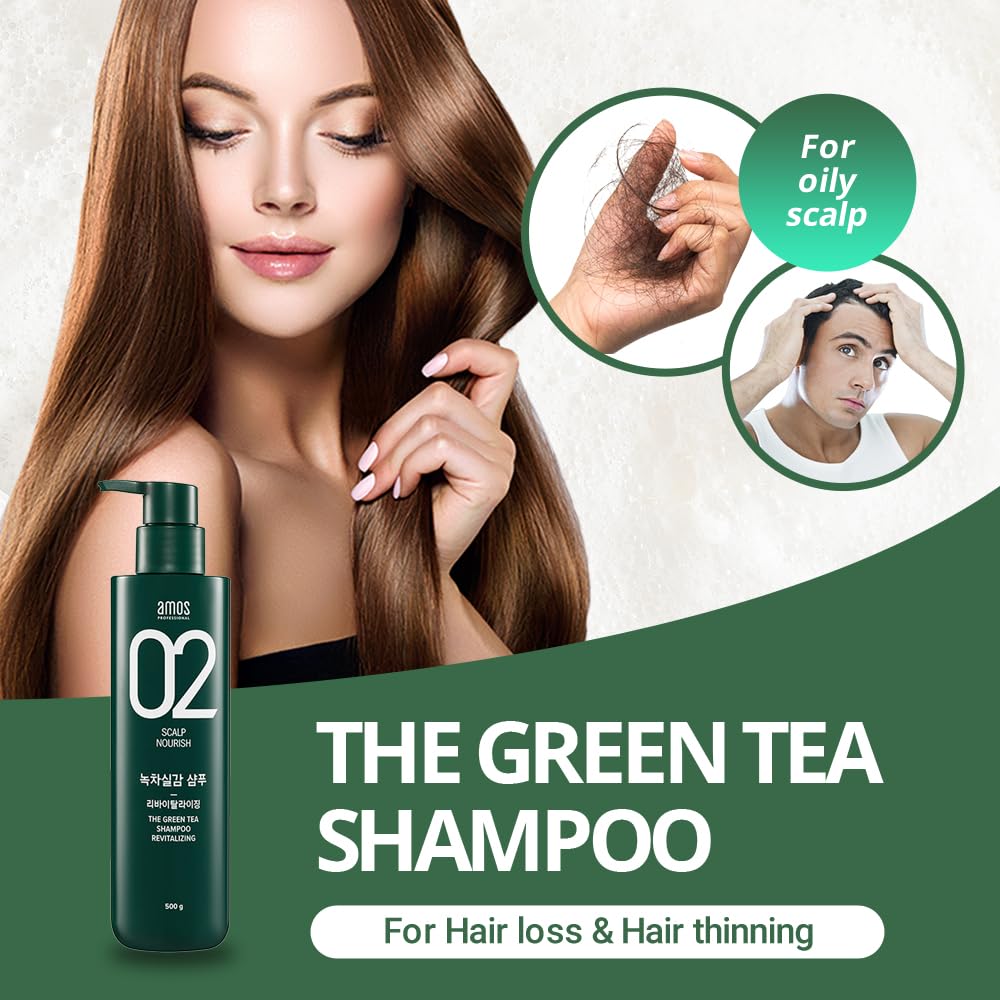 AMOS PROFESSIONAL The Green Tea Shampoo Refresh [For Oily Scalp] 17.6oz (500g) | Anti-Hair Loss Korean Hair Growth Shampoo for C