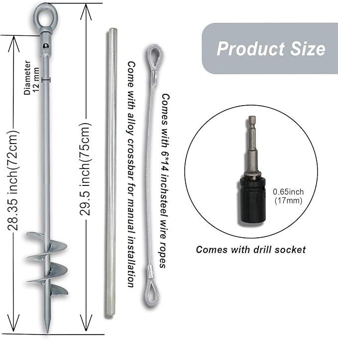 Tyalez 30 inch Ground Anchor Heavy Duty Earth Anchors Set Screw in for Mobile Home, Swing, Tent Trampoline Anchors Wind Resistant Tree Stakes and Supports with Drill Socket, 4 Pack