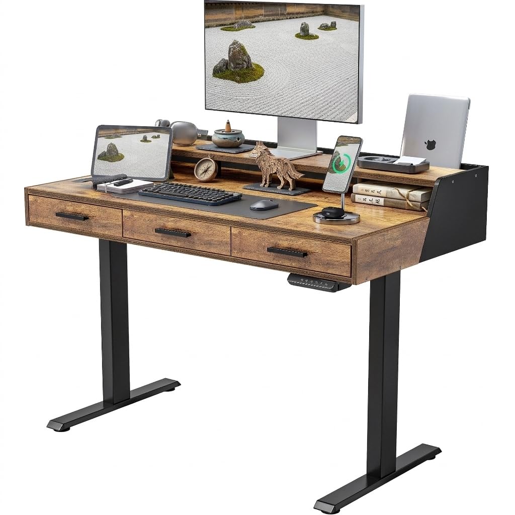 CubiCubi Standing Desk 48x26 Inches with 3 Wood Drawers and Monitor Shelf, Ergonomic Rising Home Office Desks, Height Adjustable Computer Desk, Sit Stand Up Electric Workstation Table, Brown