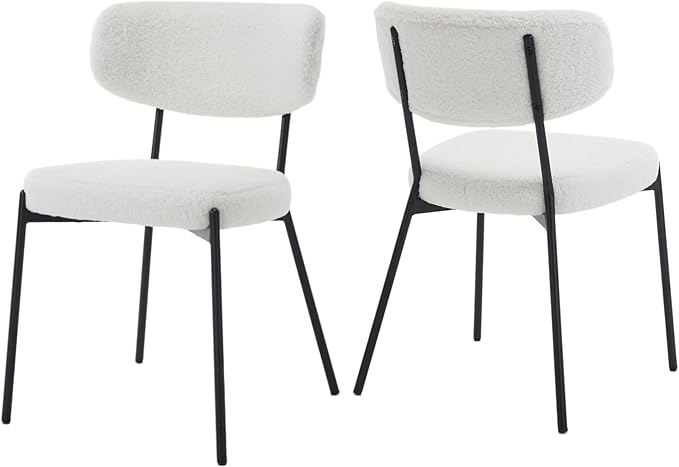 KCC Boucle Dining Chairs Set of 2, Modern Mid-Century Upholstered Stylish Kitchen Chairs Sherpa Accent Diner Chairs with Metal Legs and Curved Back for Kitchen, Dining Room(White)