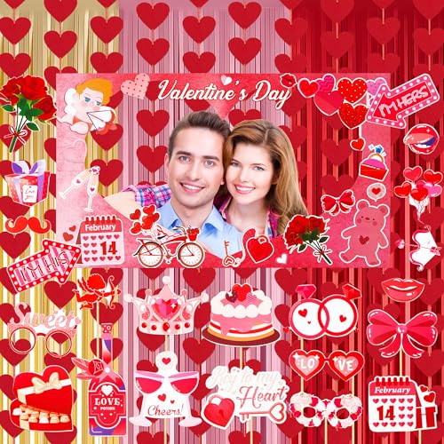 AceOrbit 105 Pcs Valentine Day Photo Booth Prop Kit Large Size Photo Kissing Booth Frame Hand Props Red Hearts Felt Hangin...