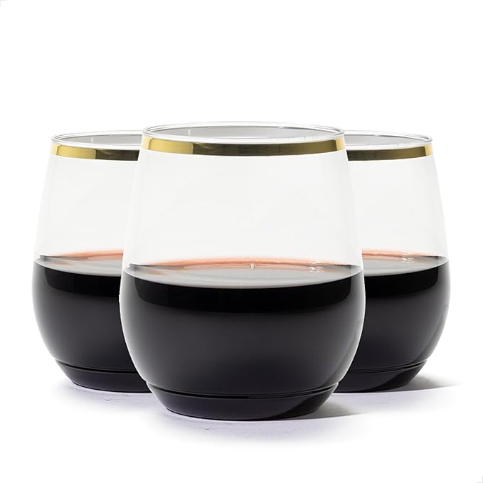TOSSWARE POP Gold Rim 14oz Vino SET OF 12, Premium Quality, Recyclable, Unbreakable & Crystal Clear Plastic Wine Glasses