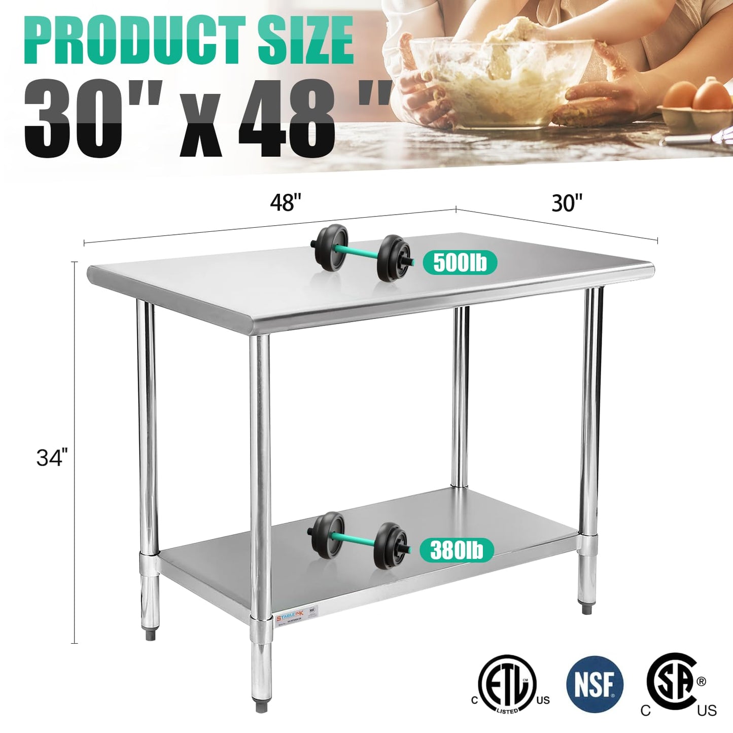 STABLEINK NSF Stainless Steel Prep Table, 30 x 48 Inches 4ft Metal Workbench with Adjustable Lower Undershelf, for Commercial Kitchen, Restaurant, Hotel, Laundry and Garage