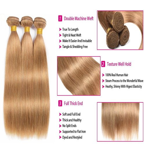 Condescension Brazilian Human Hair Bundles 18 20 22 Inch Straight 3 Bundles Human Hair 100% Unprocessed Remy Brazilian Virgin Weave Hair Honey Blonde 27 for Women