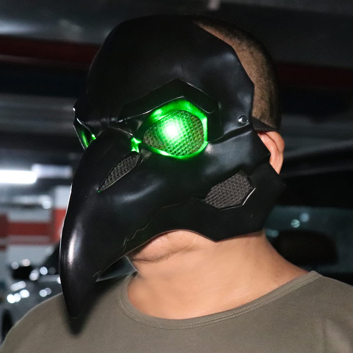 CAFELE Steampunk Plague Doctor Bird Mask with LED Light, Retro Long Nose Beak Cosplay Halloween Masquerade Costume Prop (Green Led)