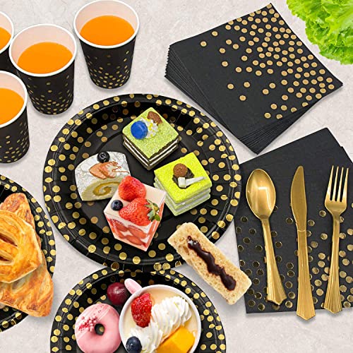 AIRE 175PCS Black and Gold Paper Plates Party Supplies for 25 Guests Disposable Party Decorations Dinnerware Golden Dot Bl...