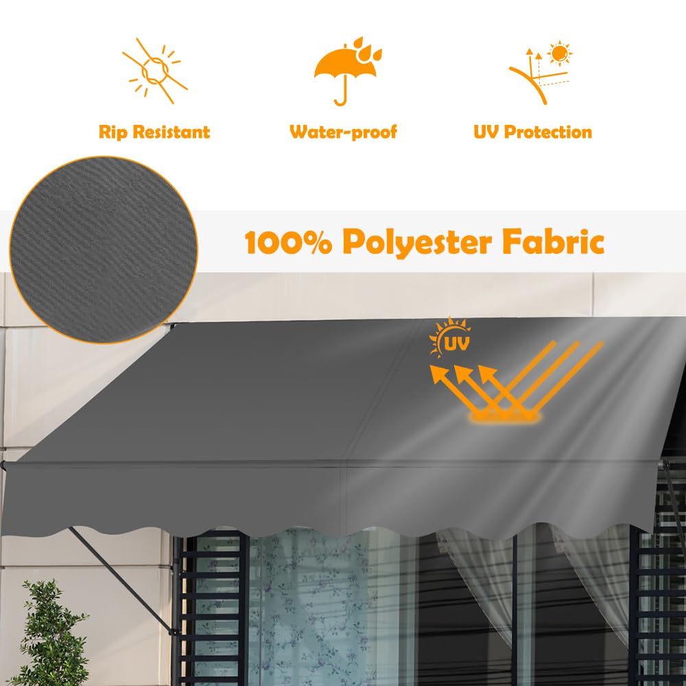 SMONTER Manual Retractable Awning, 118" Non-Screw Outdoor Patio Awning Sunshade Shelter, Height Adjustable Sunshade Patio Door Window Awning Canopy for Backyard, Garden, Balcony, Gray