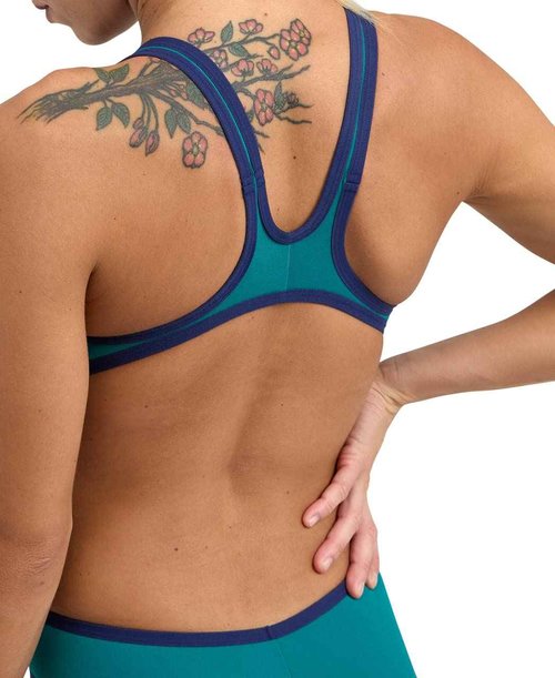 ARENA One Women's Swimsuit Tech One Back Big Logo MaxLife Athletic Sports Training Suit Ladies Bathing Suit, Green Lake/Navy, US Size 30