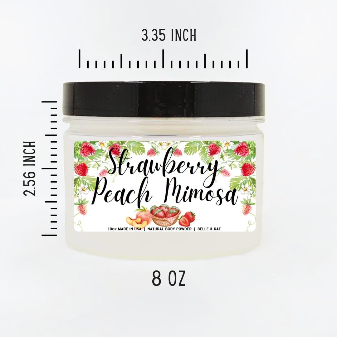 Body Powder for Women & Men Scented Strawberry Peach Mimosa, Perfume Dusting Powder, Bath Powder with Fragrance & Essential Oils, Talc Free, 8oz Container, Made in USA
