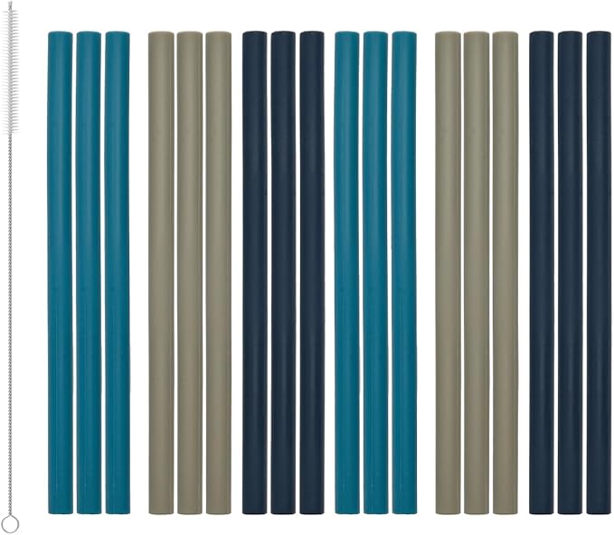 Silicone Straws Reusable – 18 Pack Extra Long Food Grade Rubber Straw with Cleaning Brush, Soft Flexible Silicone Reusable Straws for Smoothies, Coffee & 20oz 30oz Tumblers (Dark Blue)