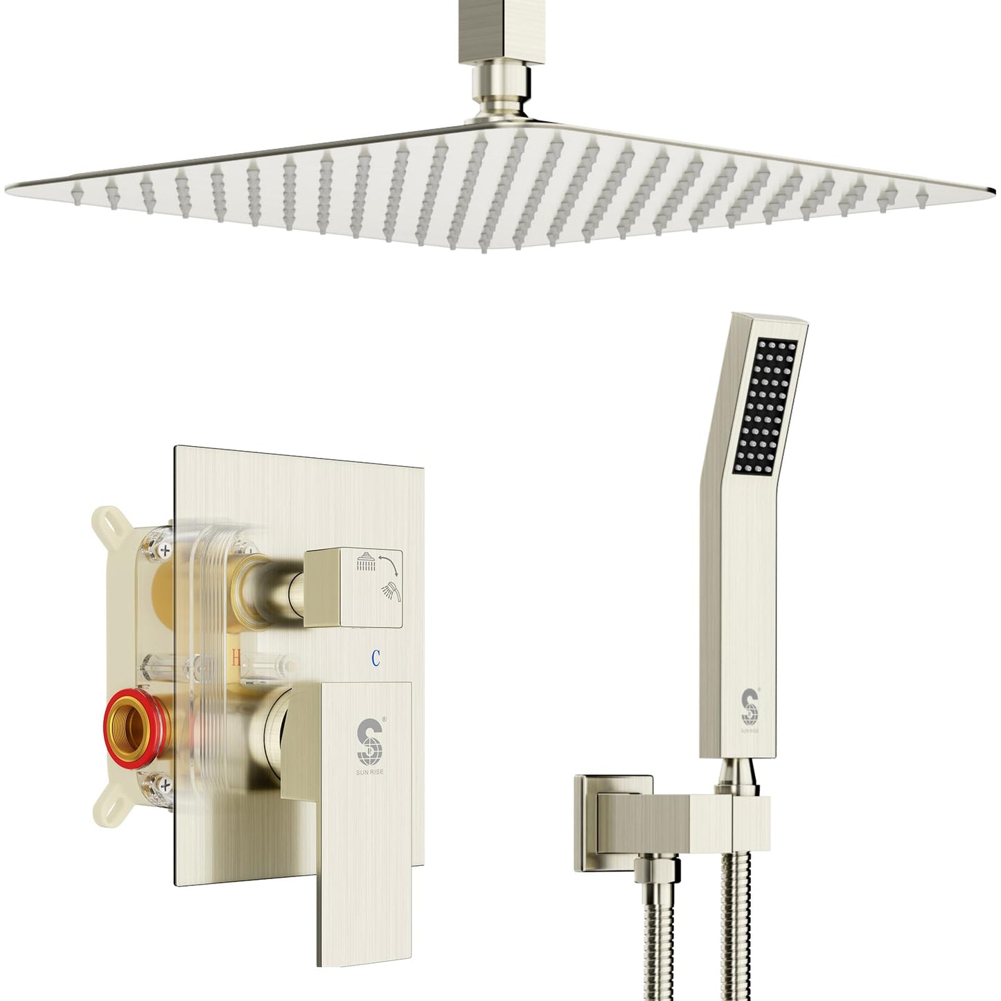 SR SUN RISE 12 Inch Ceiling Mount Brushed Nickel Shower System Bathroom Luxury Rain Mixer Shower Combo Set Ceiling Rainfall Shower Head System Faucet Trim Repair Kits with Rough-in Valve and Trim