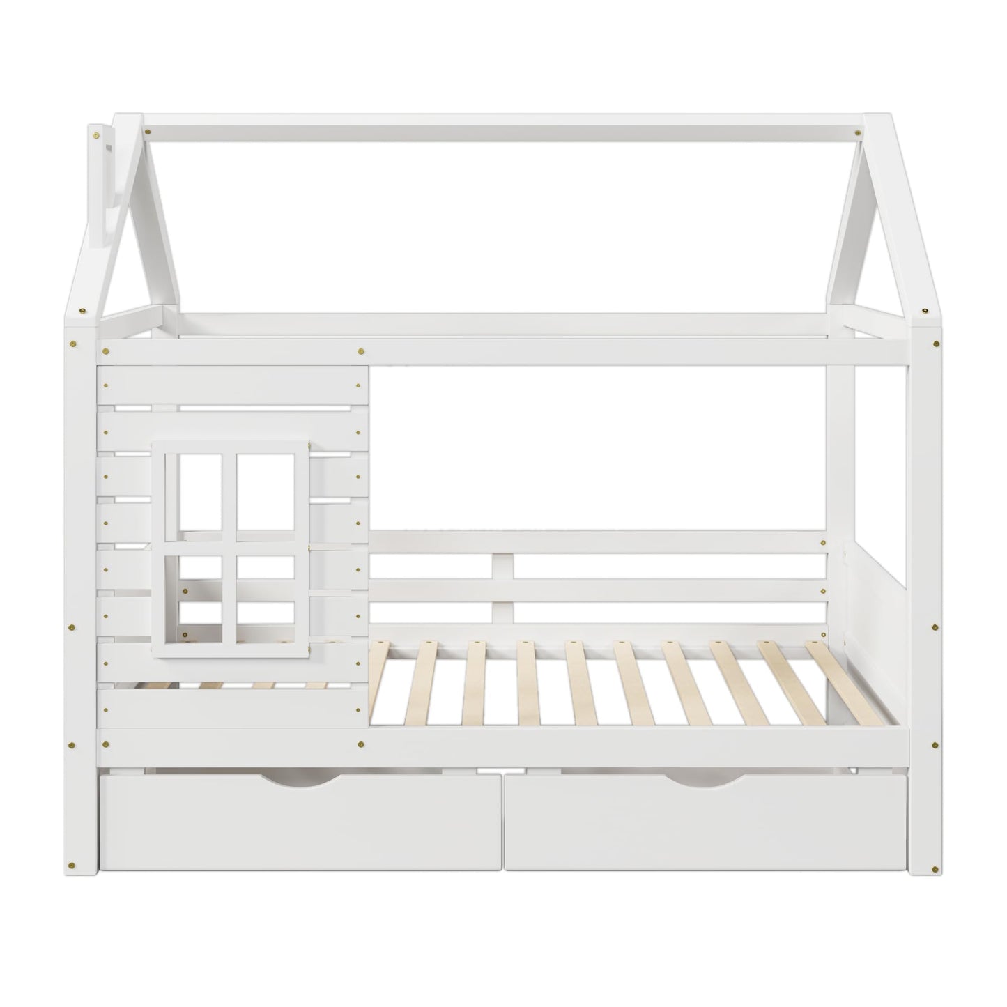 HUMEHA Twin Size Kids House Bed with 2 Storage Drawers, Twin House Bed Frame with Roof and Window, Twin Bed Frames for Kids with Slats, Modern Wooden Montessori Bed for Bedroom, White
