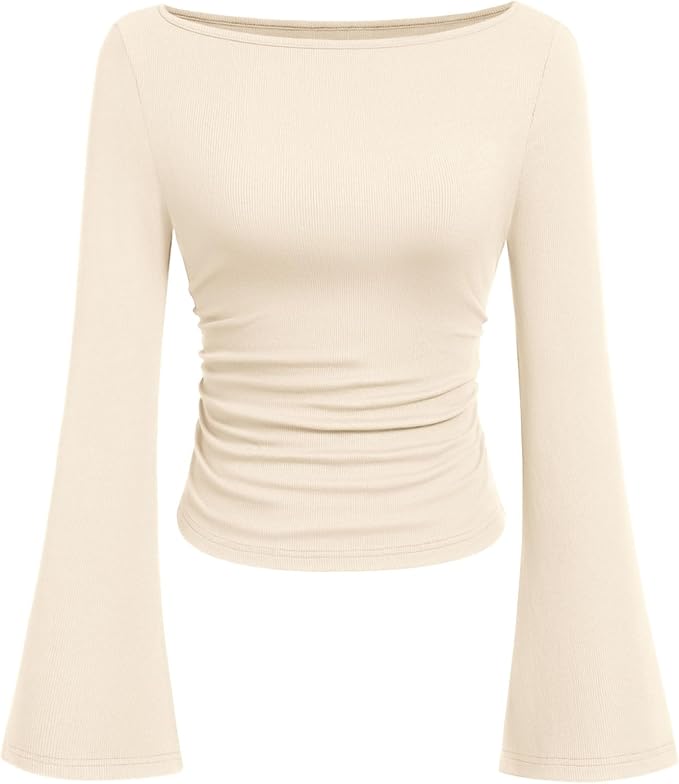PRETTYGARDEN Womens Long Sleeve Shirts 2026 Spring Crop Going Out Tops Casual Boat Neck Bell Sleeve Ribbed Ruched Y2K Clothes