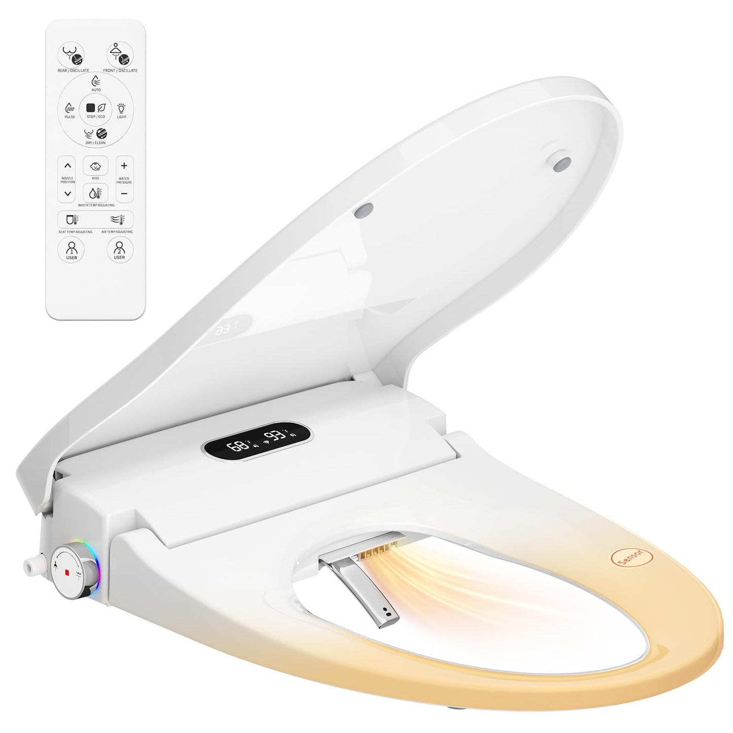 Rainsworth Smart Bidet Seat with Dual User Memory, Instant Heat & Auto-Dry Cycle - Adjustable Heated Seat, Warm Water, Stainless Nozzles, Remote & Knob Control for Elongated Toilets