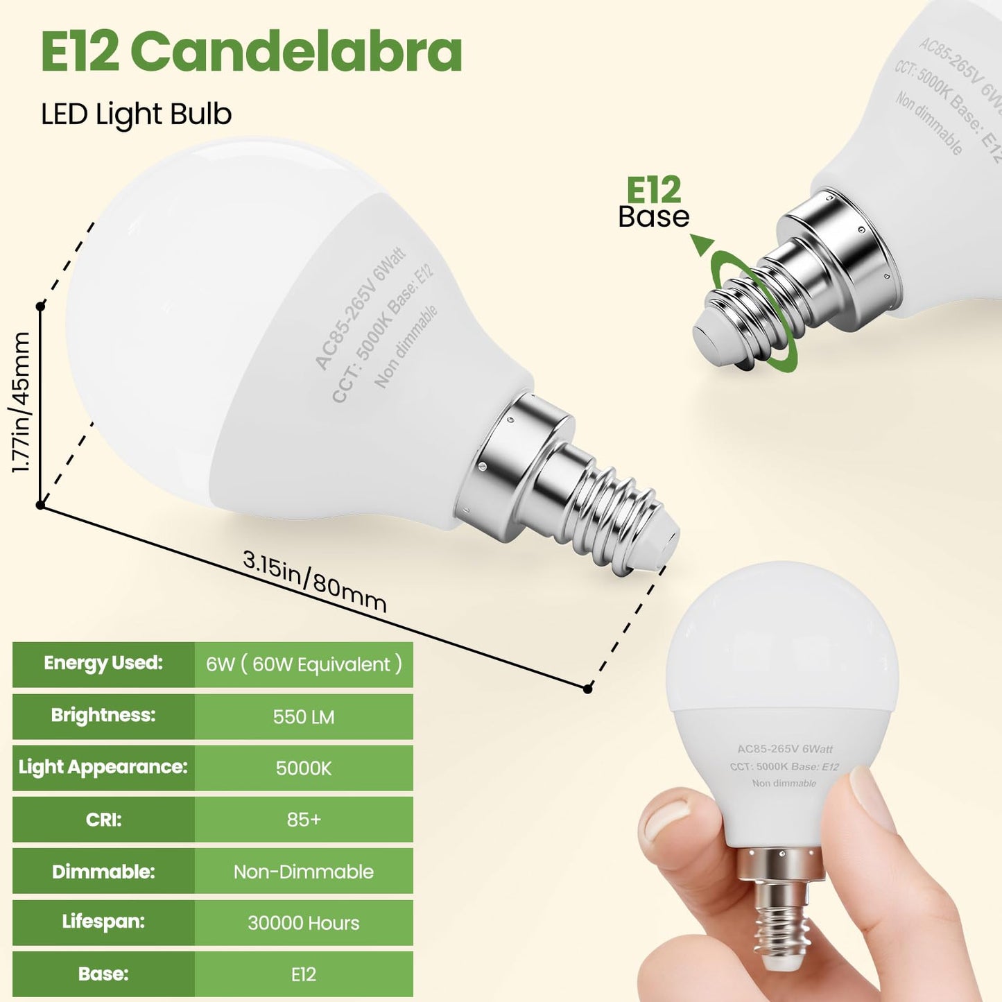 GOSCHE 6 Pack Bright Ceiling Fan Light Bulbs, 60 Watt Equivalent, E12 Led Bulb, A15 Shape Candelabra Base Chandelier Light Bulb, 120V Small Bulb, Non-Dimmable, Daylight 5000K, 6 Pcs
