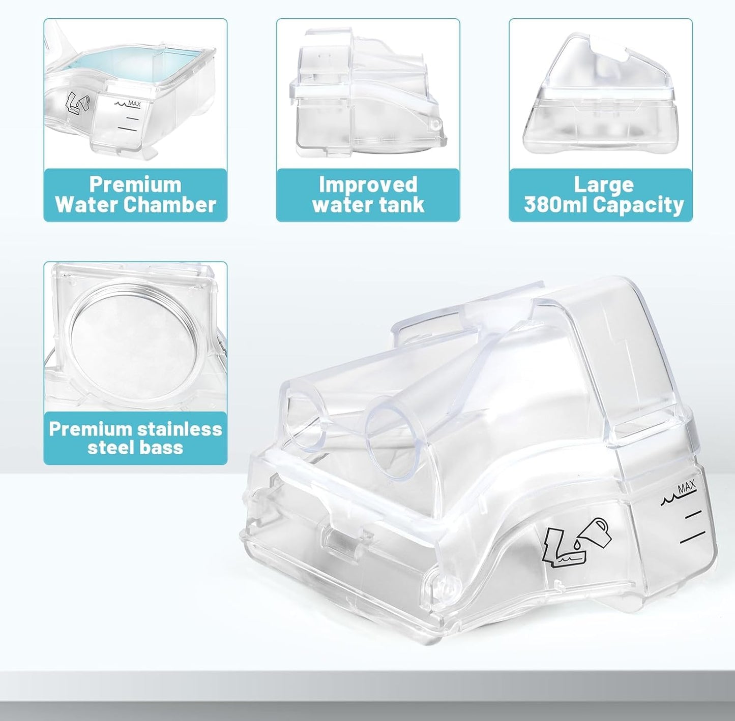 Replacement Water Chamber for ResMed AirSense 10, 380ml Cleanable Humidifier Water Tank, Reliable Seal & Easy Install CPAP Supplies