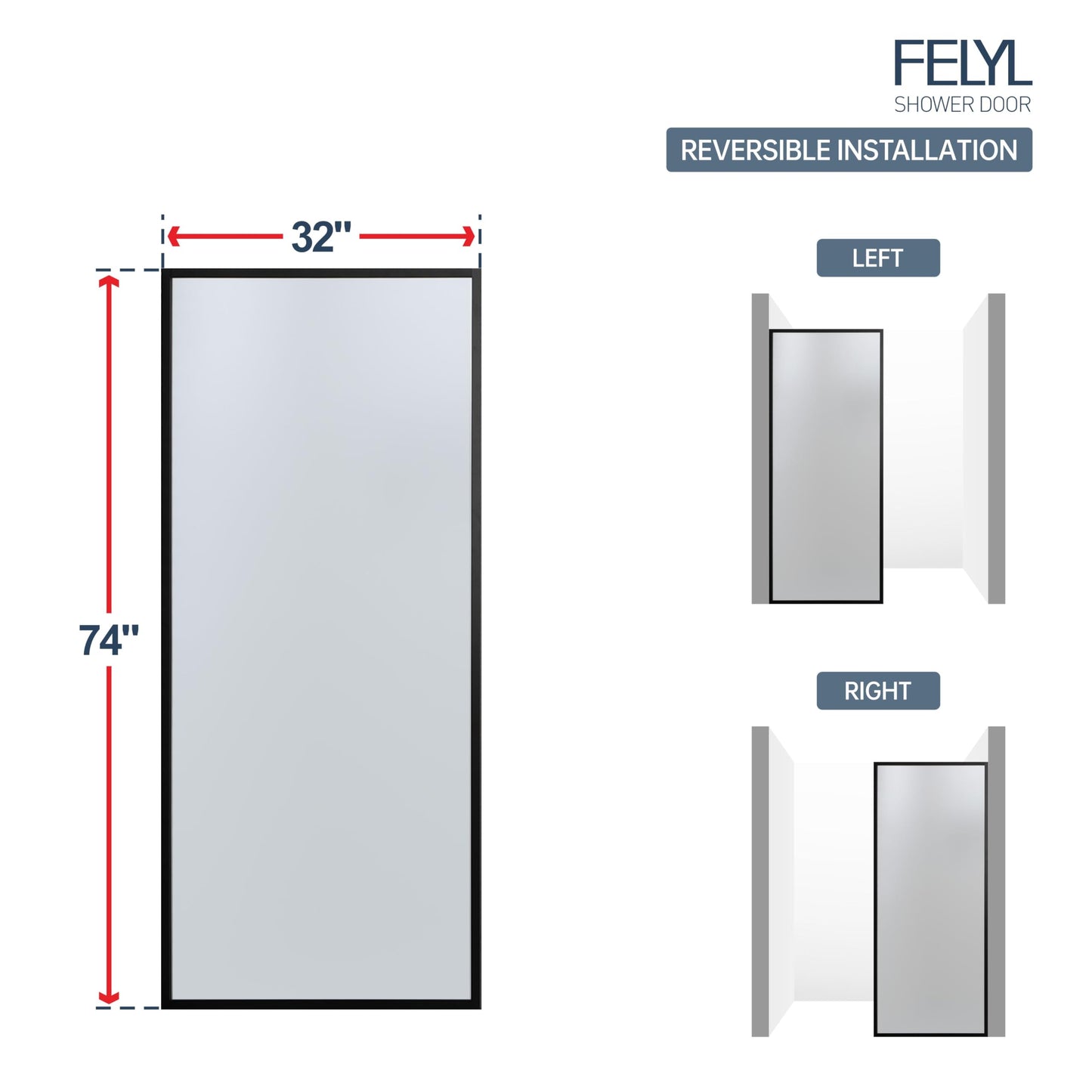 FELYL Frosted Shower Glass Panel 32" W x 74" H, Matte Black, Framed Fixed Glass Panel, 5/16" (8mm) SGCC Tempered Glass, Reversible Installation