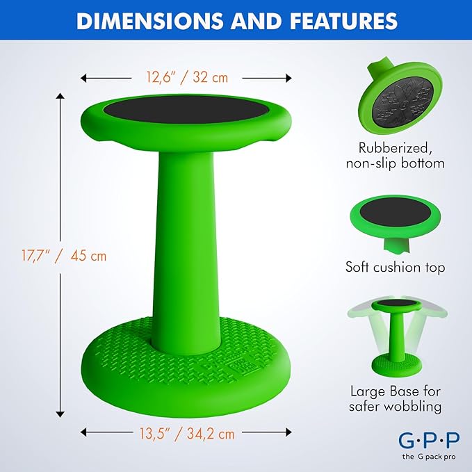 Gpack-pro Kids Wobble Stool 2-Pack – Improves Focus Attention – Non-Slip Base - Wiggle Chair Active Flexible Seating for Preschool Kindergarten Elementary School 17.7-Inch High (Green)