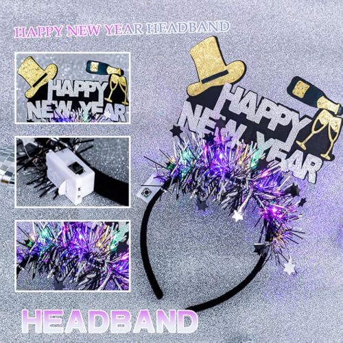 Abien Light Up Happy New Year Headbands Glitter Beer Hairband LED Hat Feather Headhoop New Year Party for Women