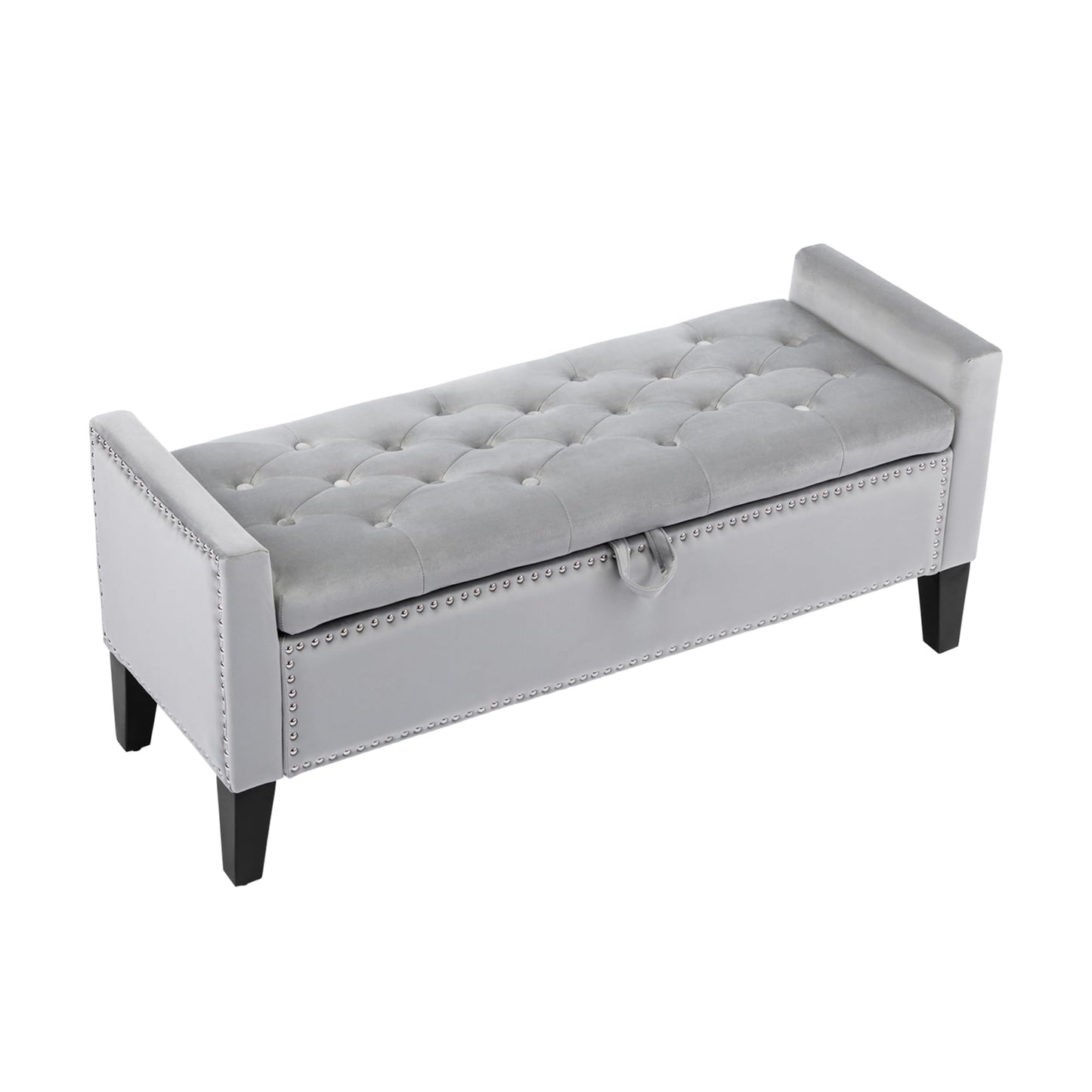 Creek Vista Velvet Storage Ottoman Bench, 45'' Upholstered Button Tufted End of Bed Bench, Modern Entryway Ottoman with Arms, Grey