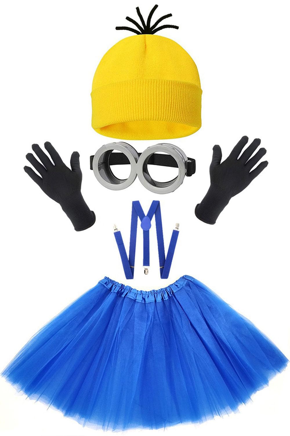 Tiny Chou 5 Pcs Halloween Costume Accessories Set Adult, Goggles Glasses, Yellow Beanie Knitted Hat, Black Gloves, Skirt and Suspenders for Men Women Cosplay Party Halloween Dress Up