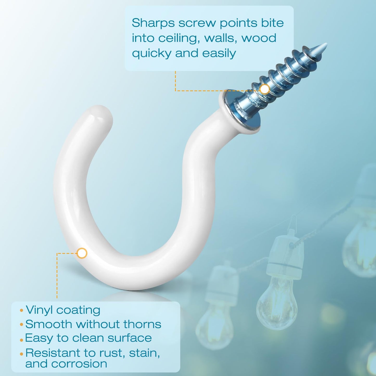 Pylevemv 110Pcs Premium Screw Hooks, 5 Sizes White Vinyl Coated Cup Hook, from1/2 in Small Hooks to 1-1/2 in Ceiling Hooks Heavy Duty, Screw in Hooks for Hanging Plants, String Lights