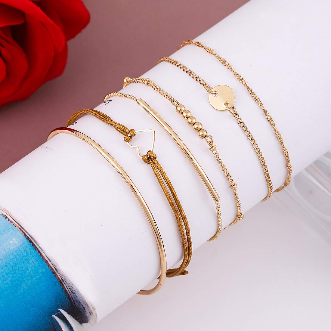 XOCARTIGE Layered Bracelet Set Assorted Beaded Bracelet Multiple Stackable Wrap Bangle Jewelry Adjustable (Gold)
