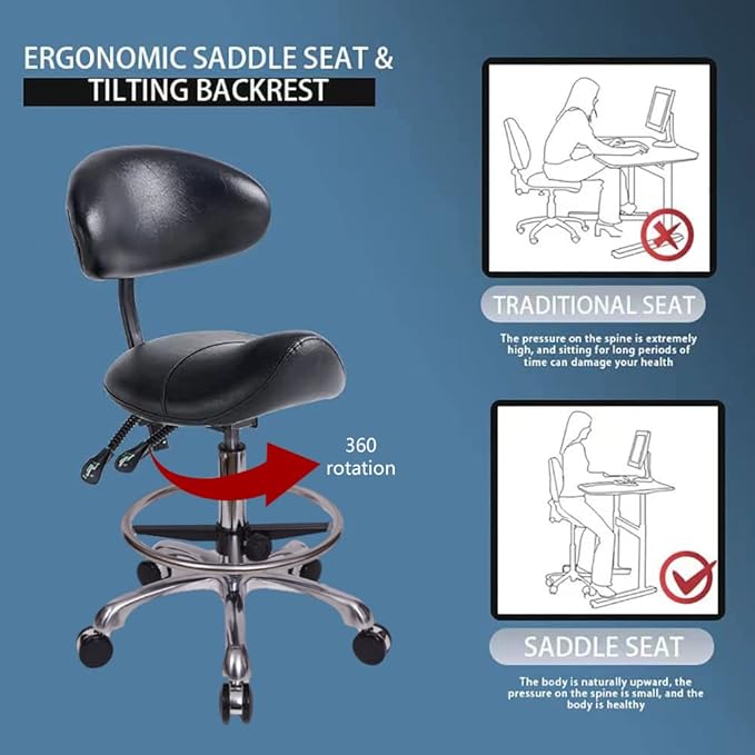 Saddle Stool Chair with Backrest and Foot Ring, Ergonomic Rolling Esthetician Seat for Salon, Tattoo Shop, Spa, Facial lash Home, Dentist Clinic, Esthetician Chair, Black